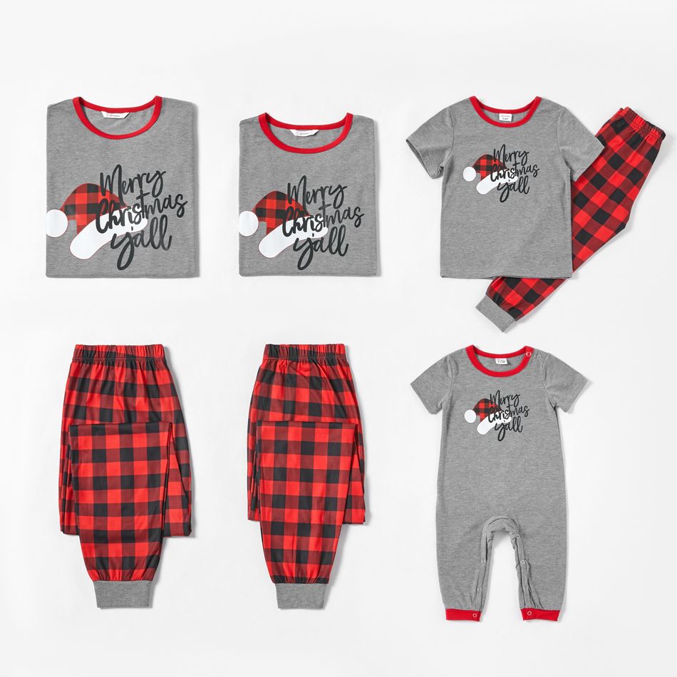 Family Matching Christmas Hat Print Short-sleeve Top and Plaid Pants Pajamas Sets (Flame Resistant) Grey big image 1