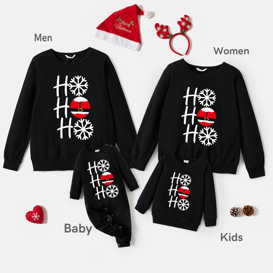 Christmas Family Matching 100% Cotton Letter & Snowflake Print Long-sleeve Sweatshirts Black big image 1