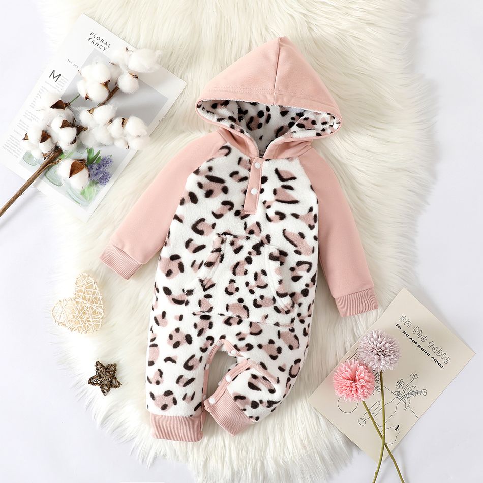 Baby Girl Thermal Leopard Fuzzy Spliced Hooded Long-sleeve Jumpsuit Pink