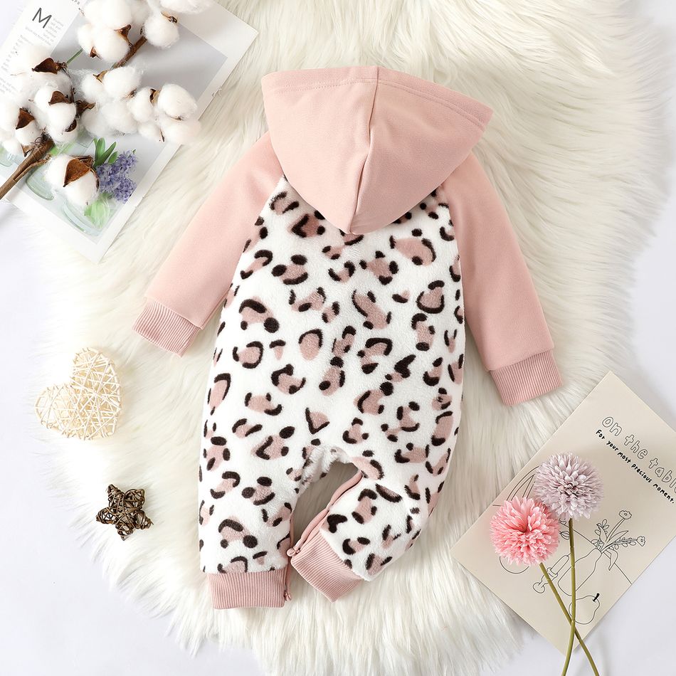 Baby Girl Thermal Leopard Fuzzy Spliced Hooded Long-sleeve Jumpsuit Pink big image 2