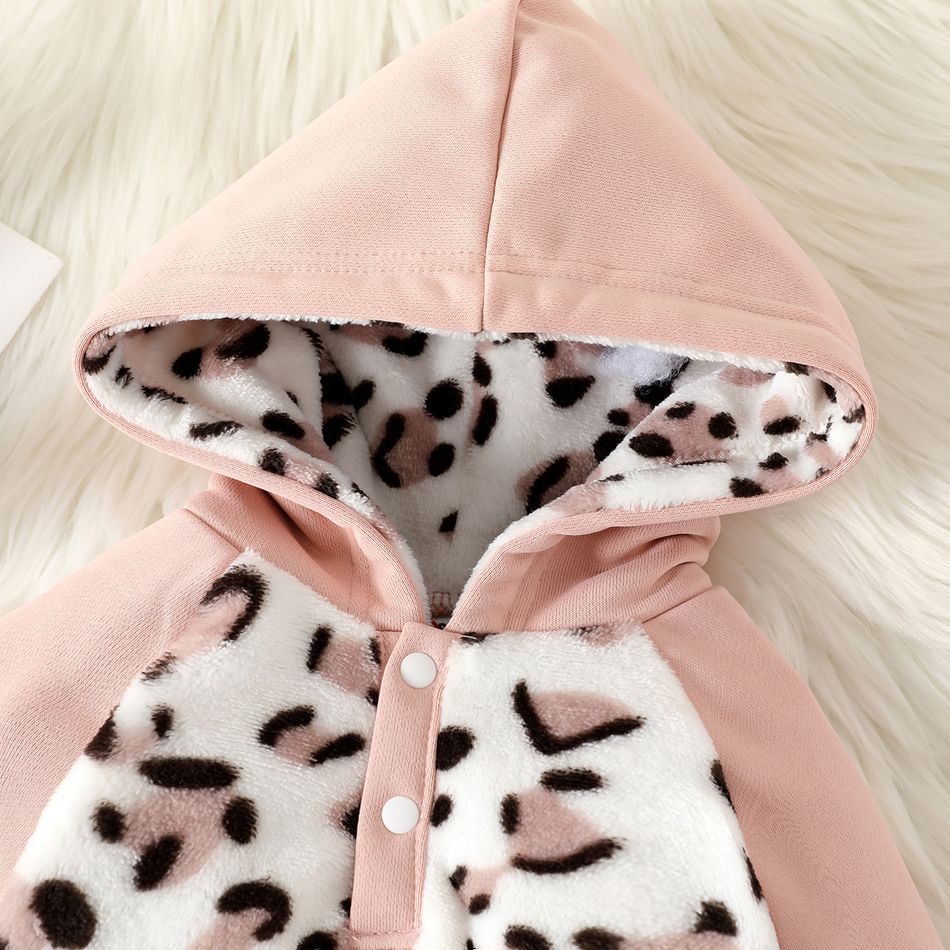 Baby Girl Thermal Leopard Fuzzy Spliced Hooded Long-sleeve Jumpsuit Pink big image 3