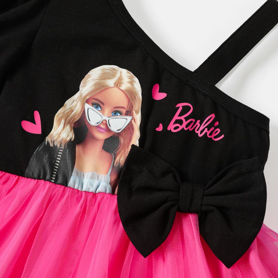 Barbie Toddler Girl Bowknot Design Cotton One Shoulder Mesh Splice Dress Black big image 4