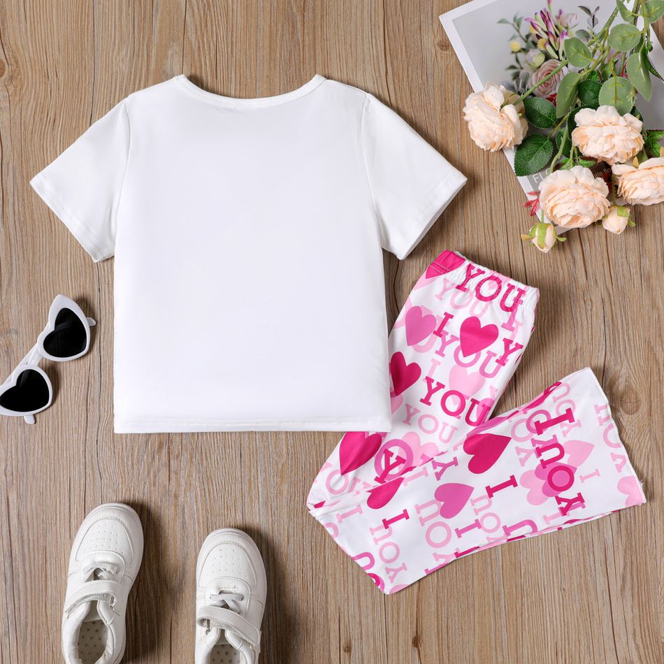2pcs Kid Girl Valentine's Day Letter Heart Print Twist Knot Tee and Flared Pants Set White big image 5