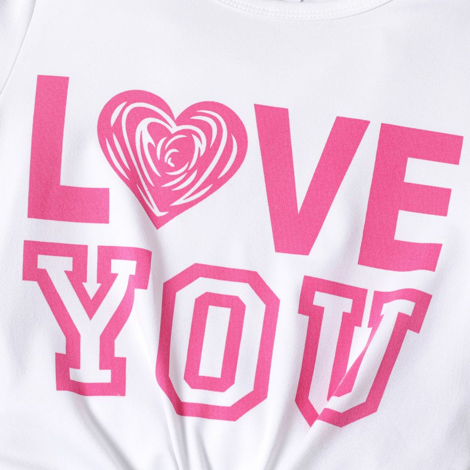 2pcs Kid Girl Valentine's Day Letter Heart Print Twist Knot Tee and Flared Pants Set White big image 2