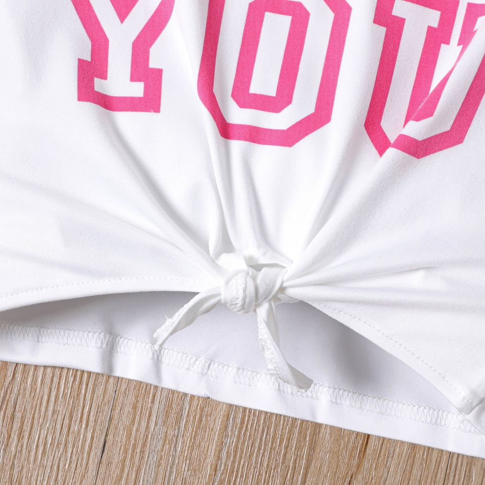 2pcs Kid Girl Valentine's Day Letter Heart Print Twist Knot Tee and Flared Pants Set White big image 3