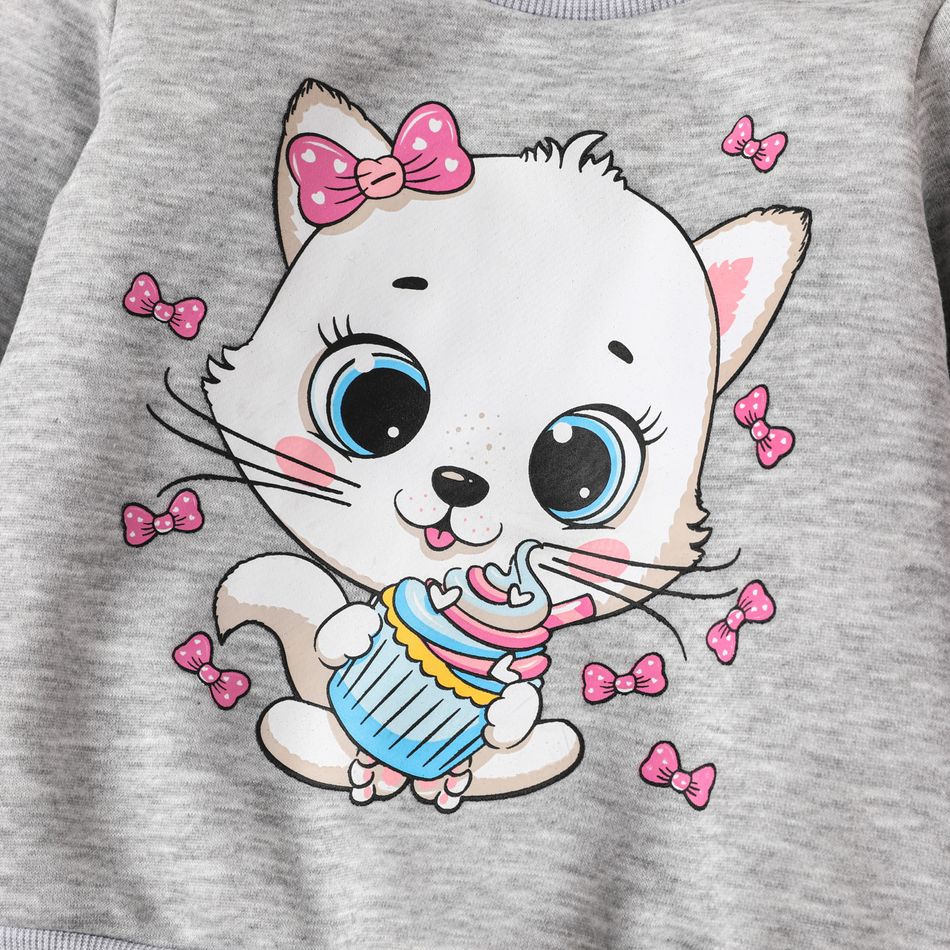 2pcs Toddler Girl Playful Cat Kitty Print Sweatshirt and Bows Print Pants Set Grey big image 3
