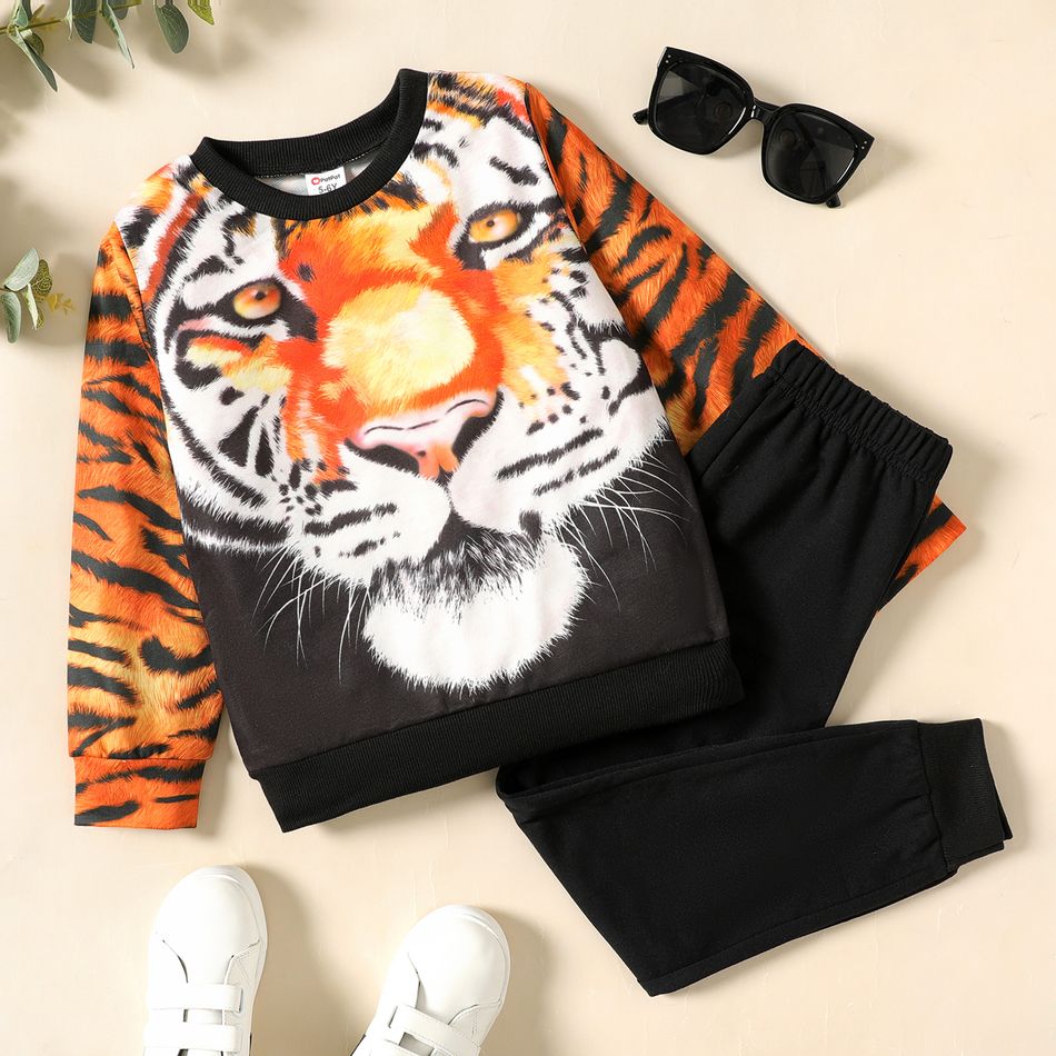 2pcs Kid Boy Animal Tiger Print Sweatshirt and Elasticized Pants Set Black