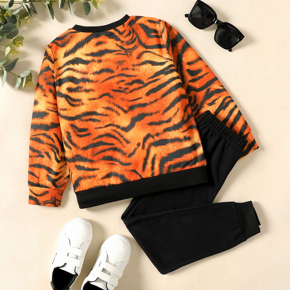 2pcs Kid Boy Animal Tiger Print Sweatshirt and Elasticized Pants Set Black