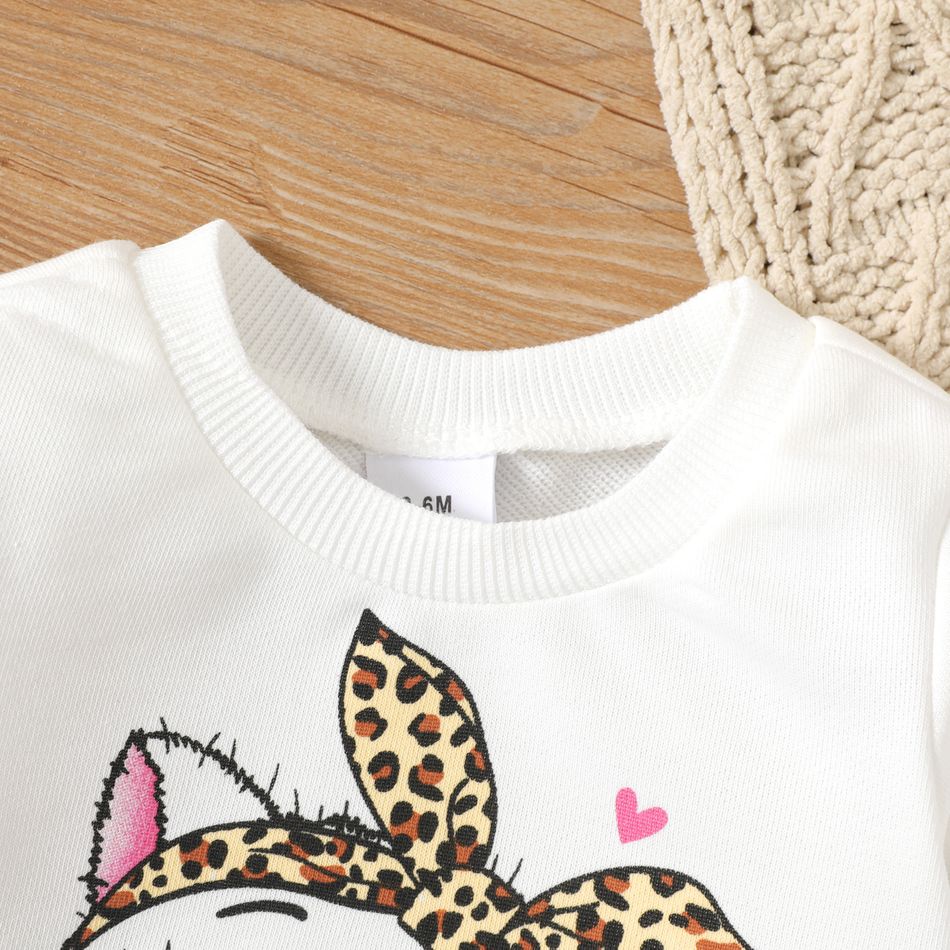 2pcs Baby Girl Cat Graphic Long-sleeve Crop Sweatshirt & Leopard Print Skirt Set White big image 3