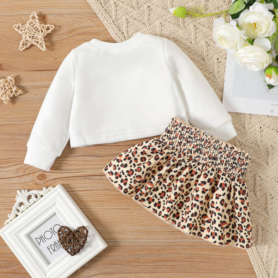 2pcs Baby Girl Cat Graphic Long-sleeve Crop Sweatshirt & Leopard Print Skirt Set White big image 2