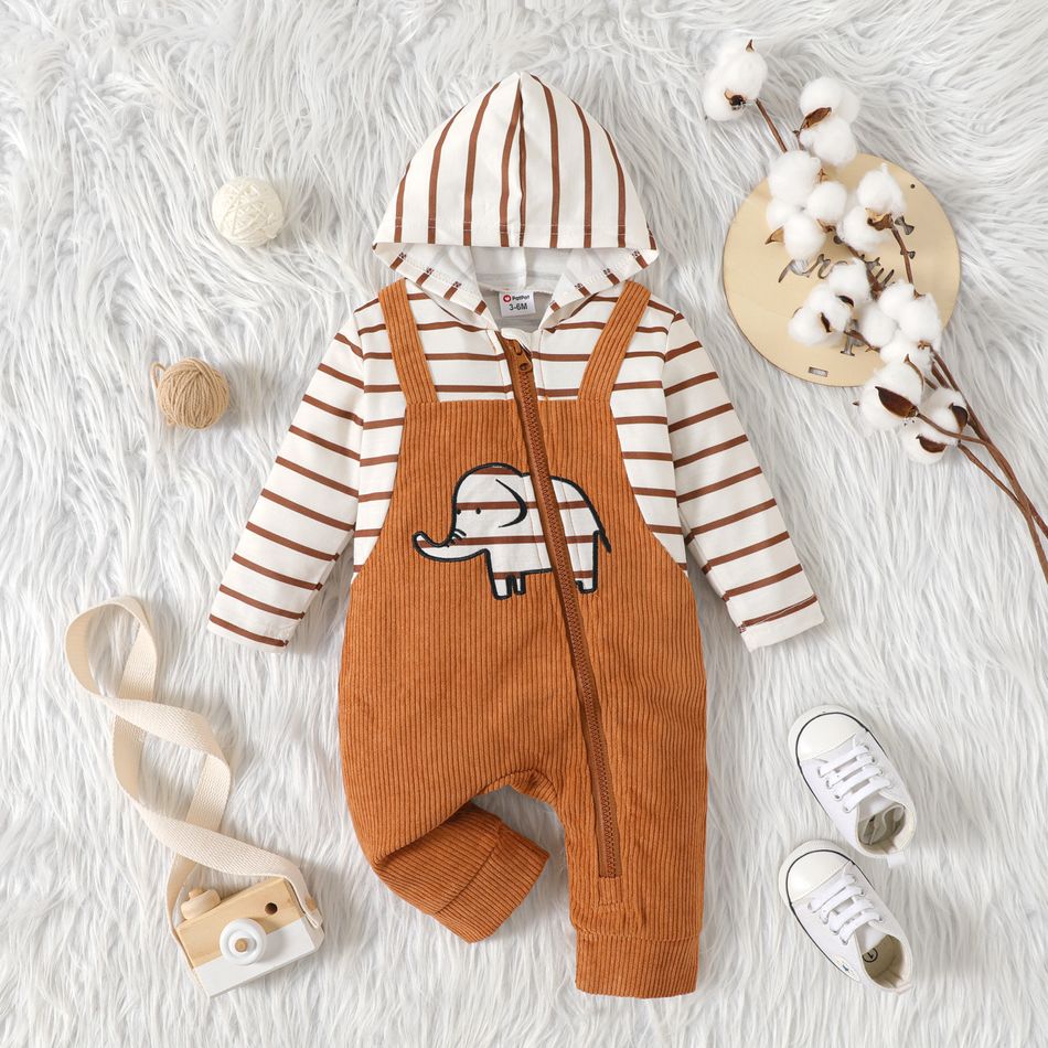 Baby Boy/Girl Striped Hooded Long-sleeve Spliced Elephant Embroidered Corduroy Zipper Jumpsuit Brown