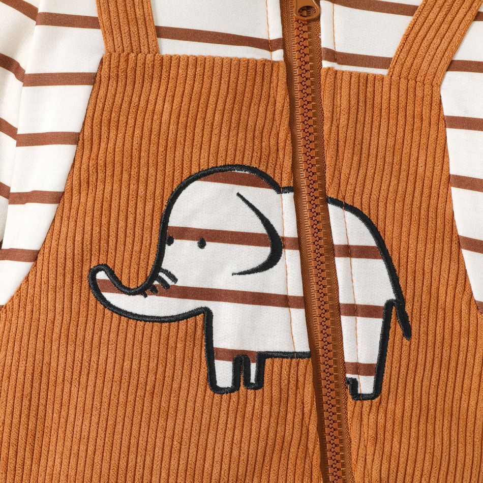 Baby Boy/Girl Striped Hooded Long-sleeve Spliced Elephant Embroidered Corduroy Zipper Jumpsuit Brown big image 4