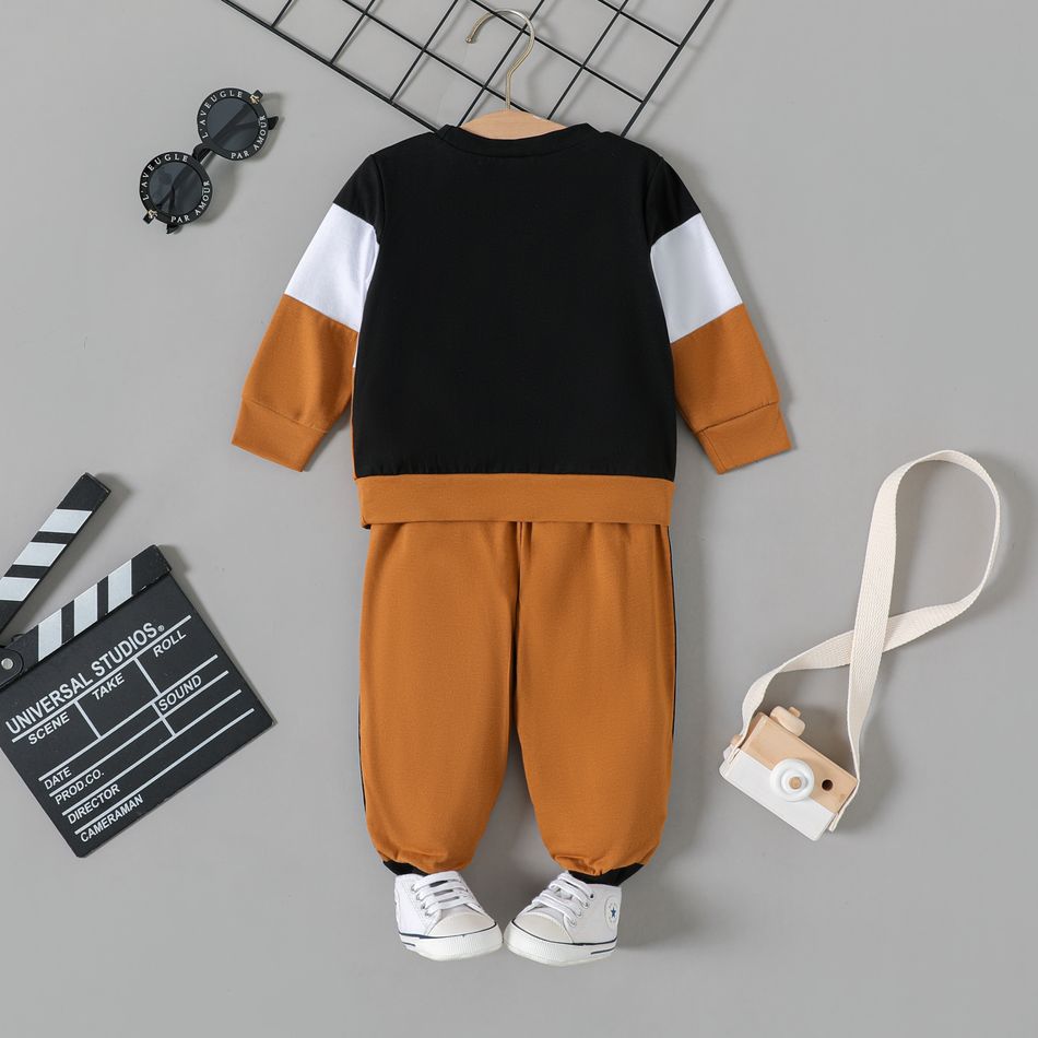 2pcs Baby Boy/Girl Long-sleeve Colorblock Sweatshirt and Letter Webbing Sweatpants Set MultiColour big image 2