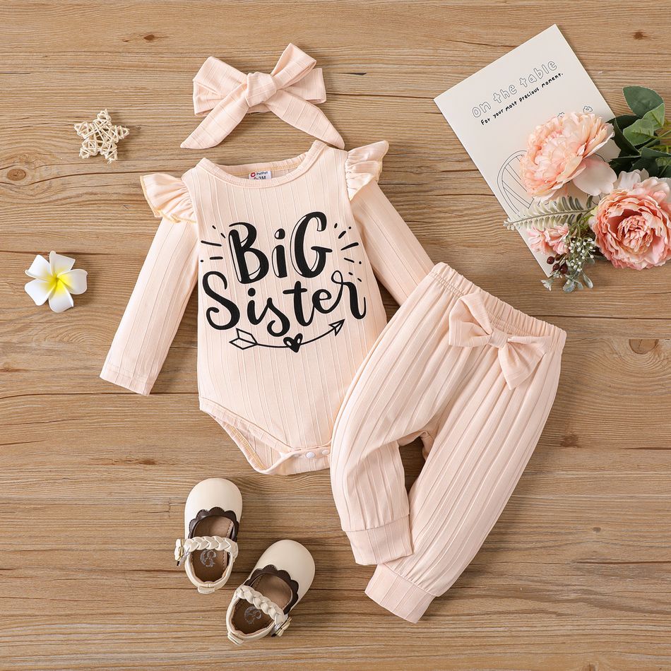 3pcs Baby Girl Letter Print Ruffle Trim Long-sleeve Romper and Bow Front Pants & Headband Set Apricot