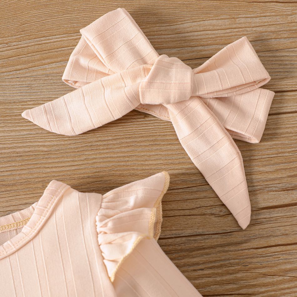 3pcs Baby Girl Letter Print Ruffle Trim Long-sleeve Romper and Bow Front Pants & Headband Set Apricot big image 5