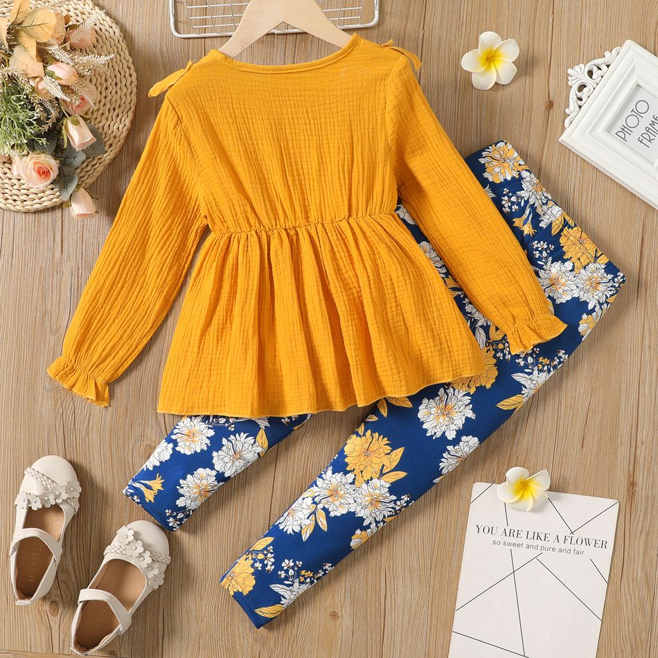 2pcs Kid Girl Ruffled Button Design Long-sleeve Tee and Floral Print Leggings Set Yellow