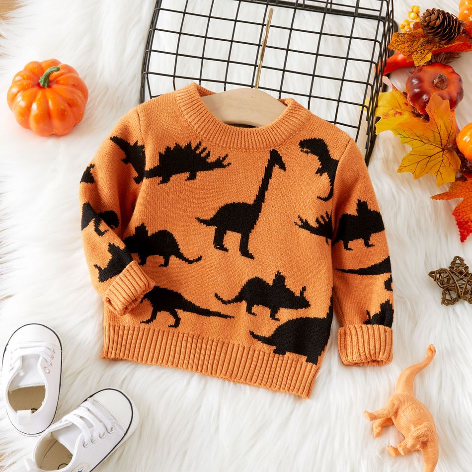 Baby Boy Allover Dinosaur Graphic Knitted Pullover Sweater Orange big image 1