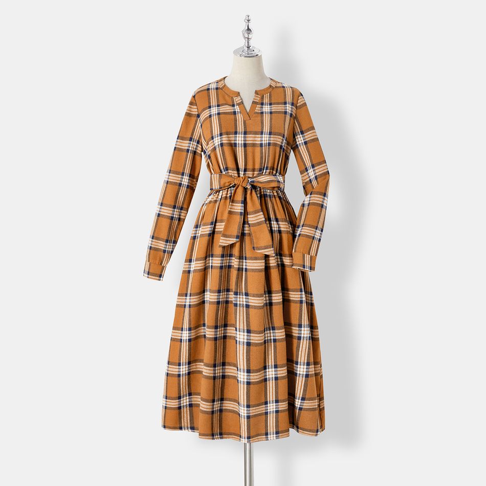 Family Matching Notch Neck Long-sleeve Belted Plaid Dresses and Colorblock Drop Shoulder Hoodies Sets Khaki big image 2