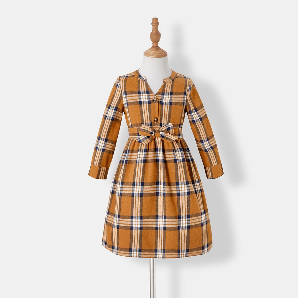 Family Matching Notch Neck Long-sleeve Belted Plaid Dresses and Colorblock Drop Shoulder Hoodies Sets Khaki big image 7