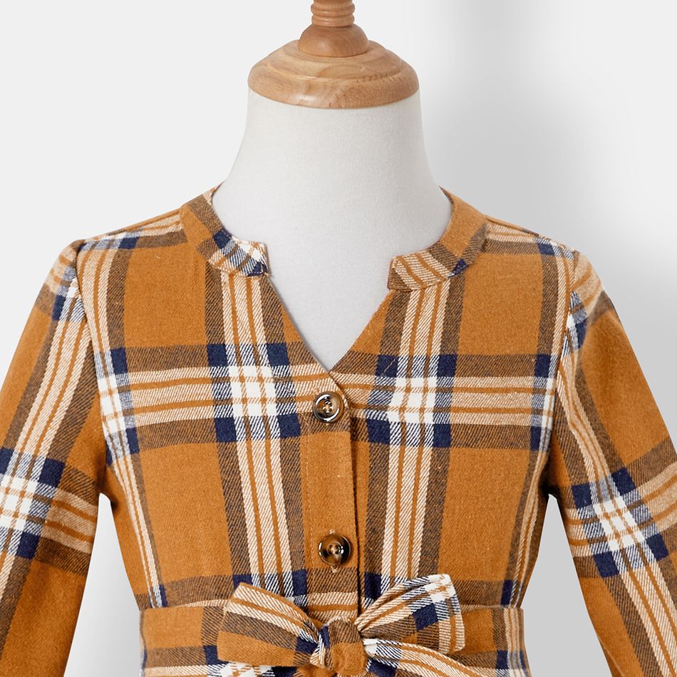 Family Matching Notch Neck Long-sleeve Belted Plaid Dresses and Colorblock Drop Shoulder Hoodies Sets Khaki big image 3