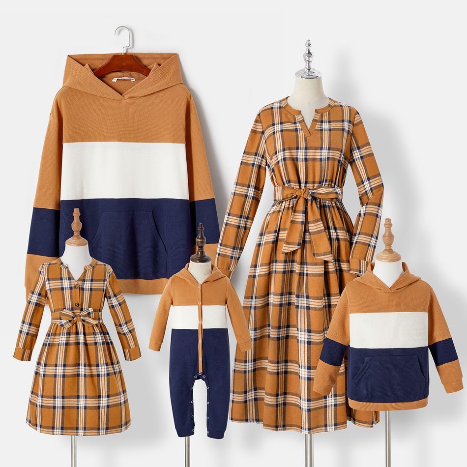 Family Matching Notch Neck Long-sleeve Belted Plaid Dresses and Colorblock Drop Shoulder Hoodies Sets Khaki