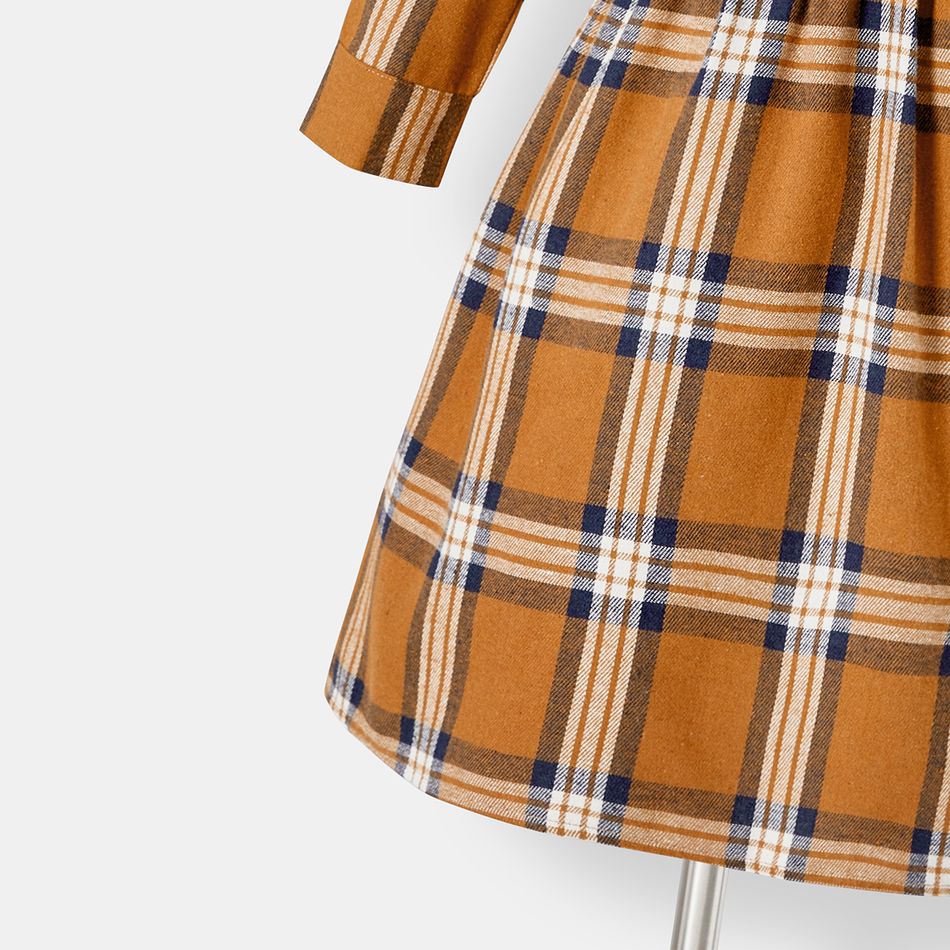 Family Matching Notch Neck Long-sleeve Belted Plaid Dresses and Colorblock Drop Shoulder Hoodies Sets Khaki big image 9