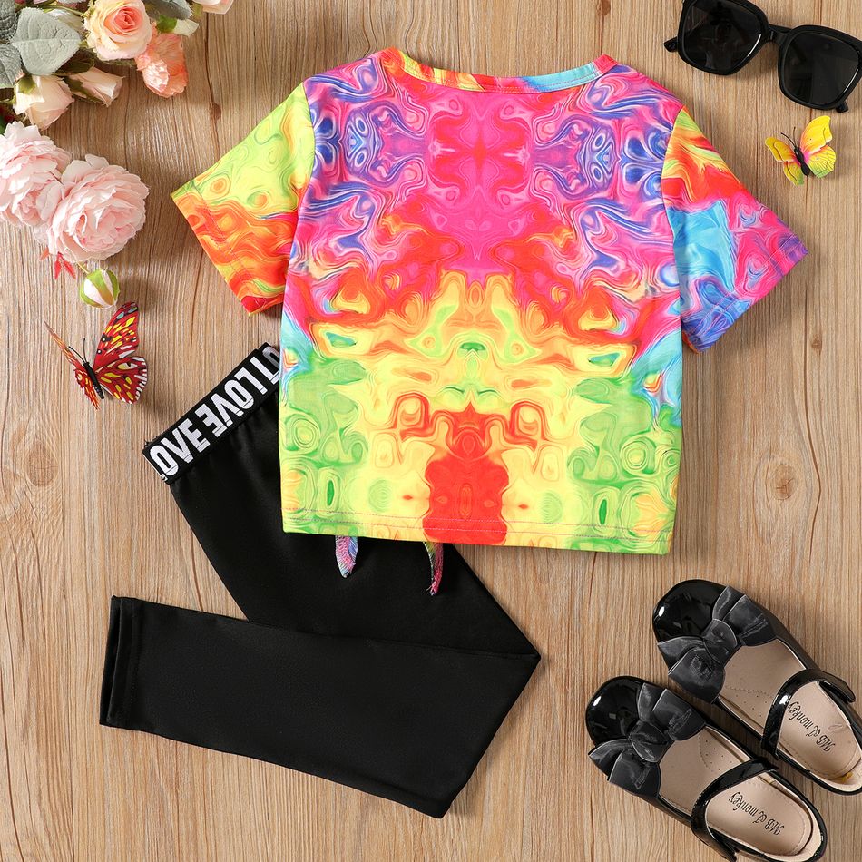 2pcs Kid Girl Butterfly Print Tie Knot Short-sleeve Tee and Letter Print Leggings Set Multi-color