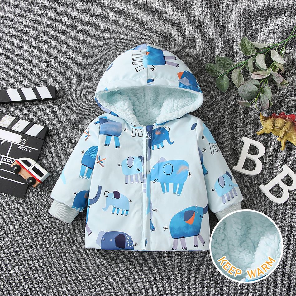 Baby Girl Allover Elephant Print Hooded Thermal Fleece Lined Coat Blue