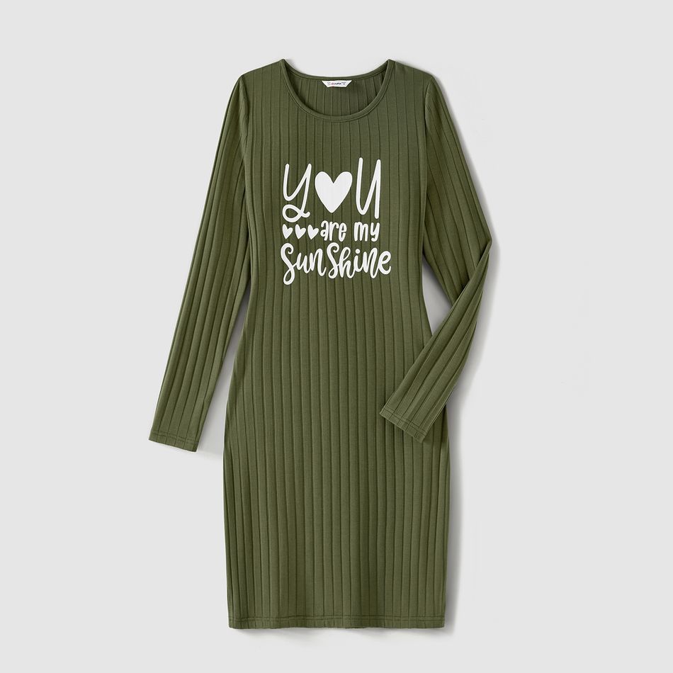 Family Matching Long-sleeve Heart & Letter Print Rib Knit Dresses and Colorblock Sweatshirts Sets Army green big image 2
