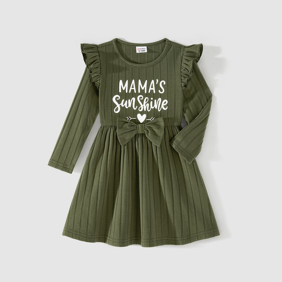 Family Matching Long-sleeve Heart & Letter Print Rib Knit Dresses and Colorblock Sweatshirts Sets Army green big image 13