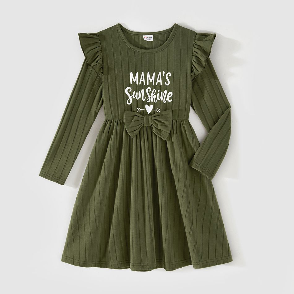 Family Matching Long-sleeve Heart & Letter Print Rib Knit Dresses and Colorblock Sweatshirts Sets Army green big image 10