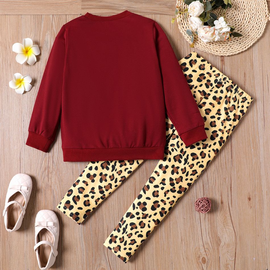 2pcs Kid Girl Cute Rabbit Print Sweatshirt and Elasticized Leopard Print Leggings Set Burgundy big image 4