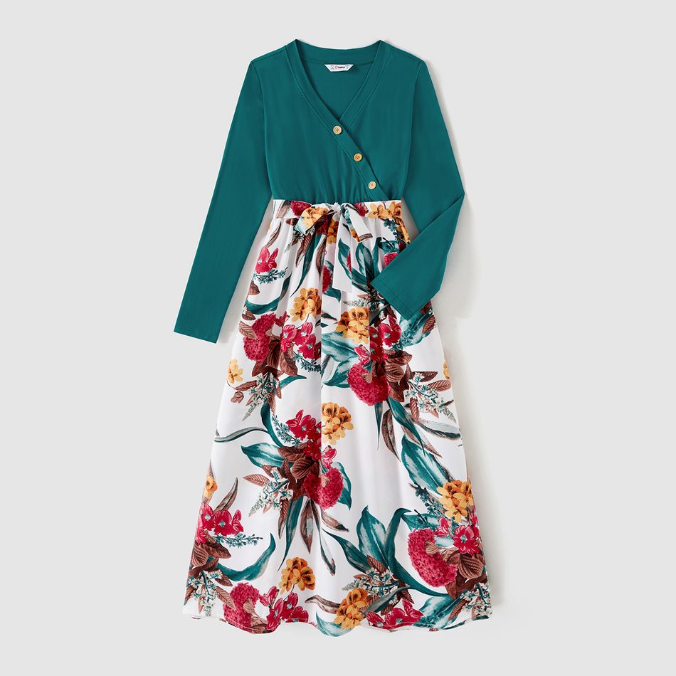Family Matching 95% Cotton Colorblock Polo Shirts and Long-sleeve Spliced Floral Print Midi Dresses Sets DeepTurquoise big image 2