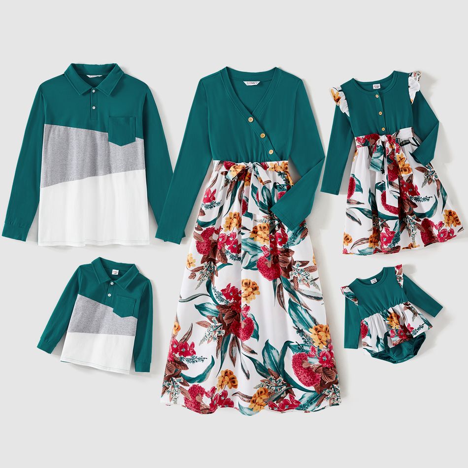 Family Matching 95% Cotton Colorblock Polo Shirts and Long-sleeve Spliced Floral Print Midi Dresses Sets DeepTurquoise big image 1