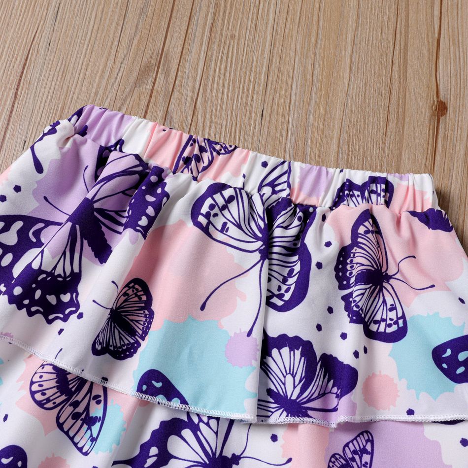 2pcs Kid Girl Ruffled Ribbed Cotton Tee and Butterfly Print Layered Skirt Set Purple big image 4