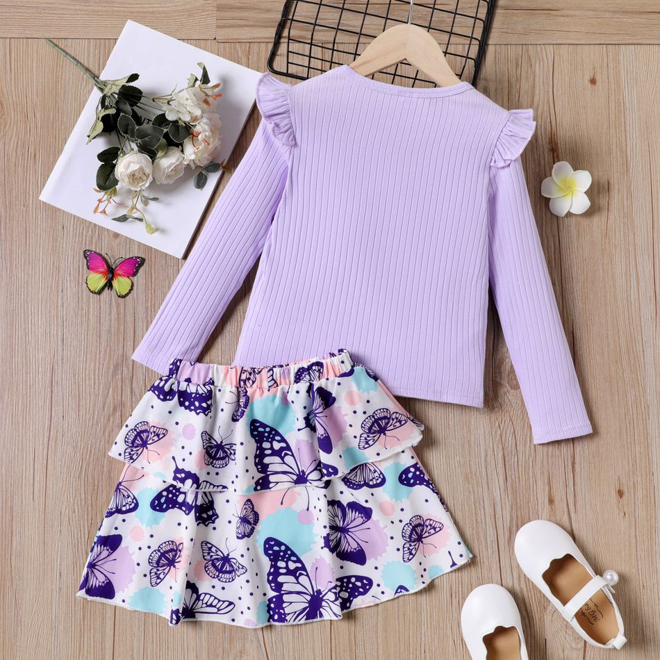 2pcs Kid Girl Ruffled Ribbed Cotton Tee and Butterfly Print Layered Skirt Set Purple big image 2