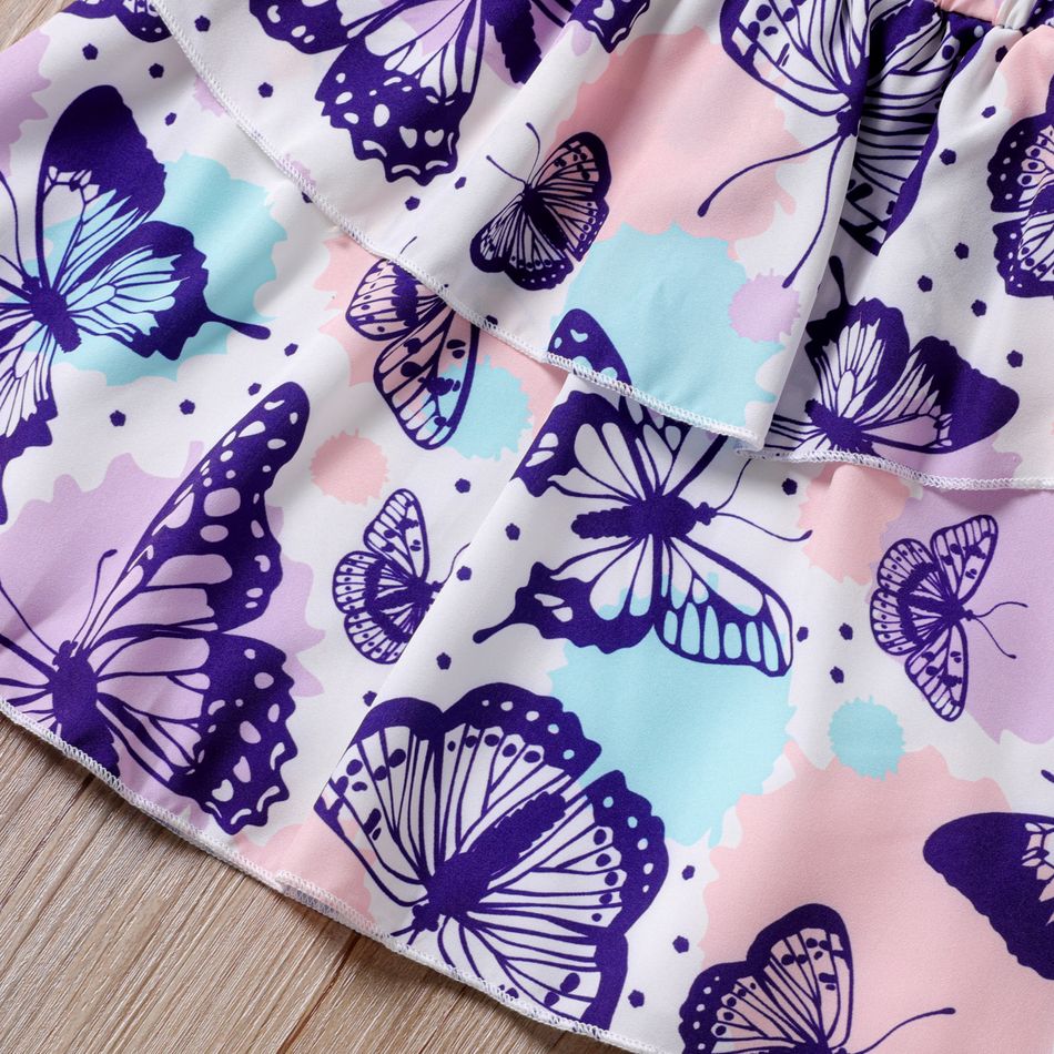 2pcs Kid Girl Ruffled Ribbed Cotton Tee and Butterfly Print Layered Skirt Set Purple big image 5