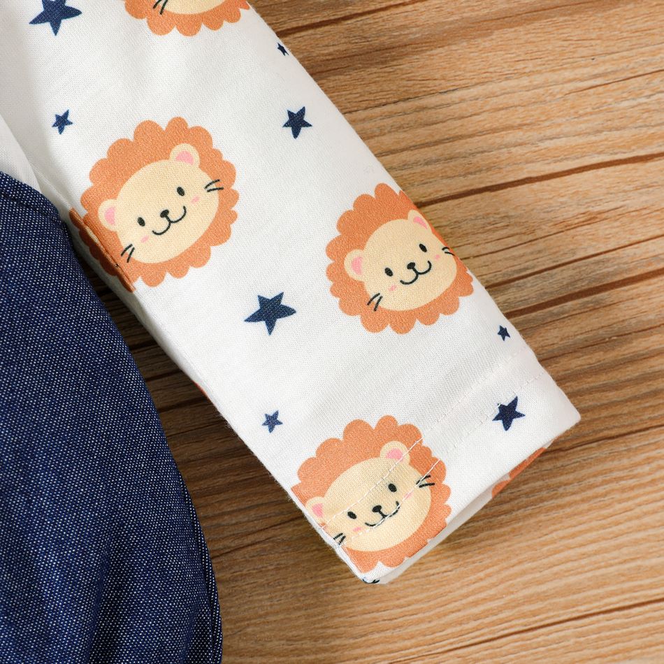 Baby Boy/Girl Lion Print Long-sleeve Faux-two Imitation Denim Romper & Hat Set Brown big image 4