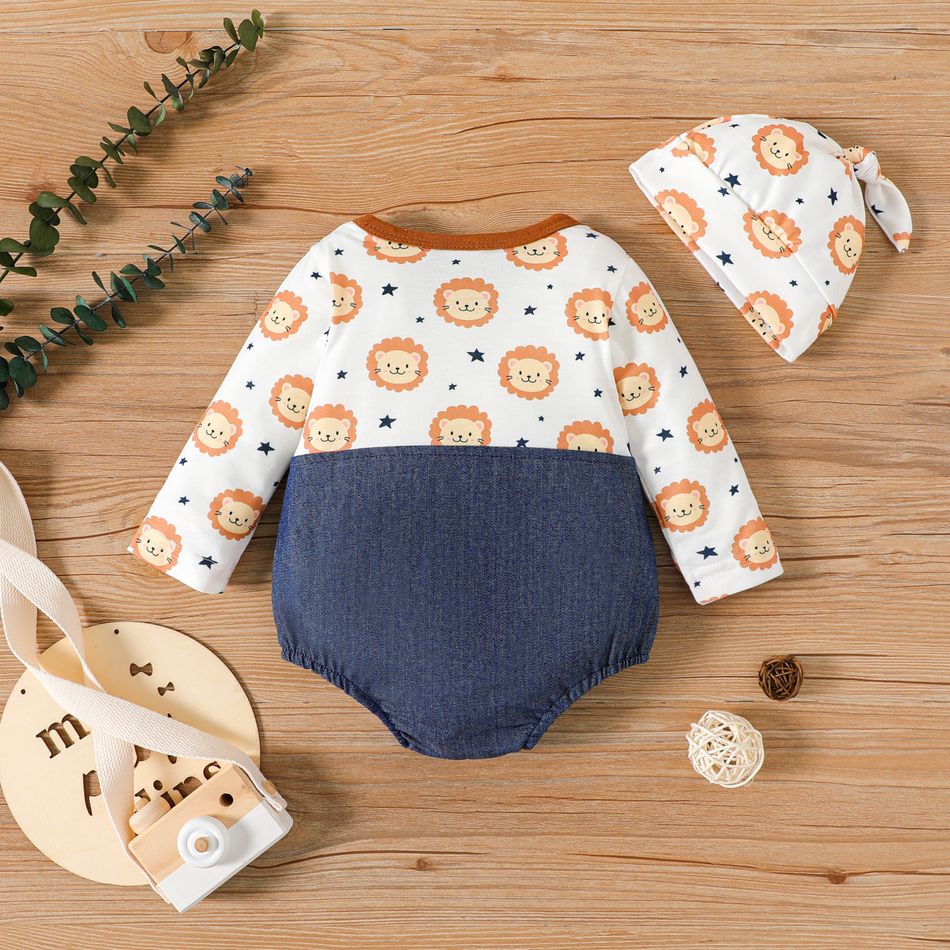 Baby Boy/Girl Lion Print Long-sleeve Faux-two Imitation Denim Romper & Hat Set Brown big image 2