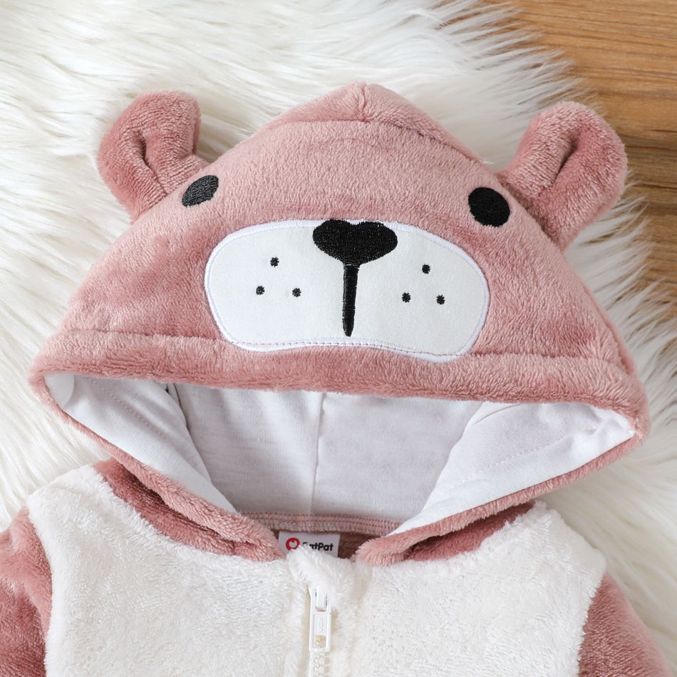 Baby Girl 3D Bear Ears Hooded Long-sleeve Thermal Fleece Jumpsuit Pink