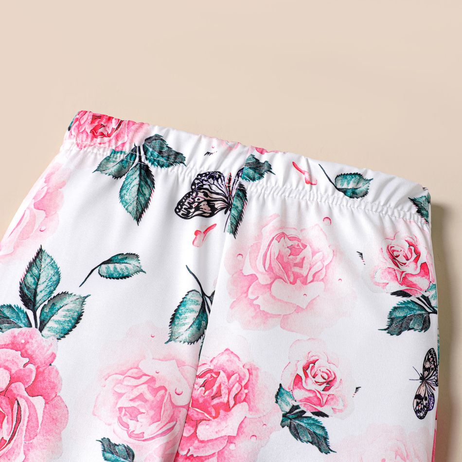 2pcs Kid Girl Button Design Ruffle Layered Tee and Floral Print Leggings Set Pink big image 5
