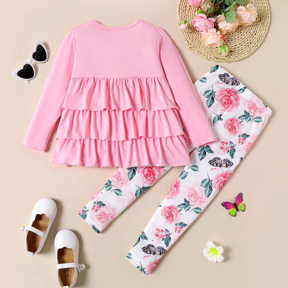 2pcs Kid Girl Button Design Ruffle Layered Tee and Floral Print Leggings Set Pink big image 2
