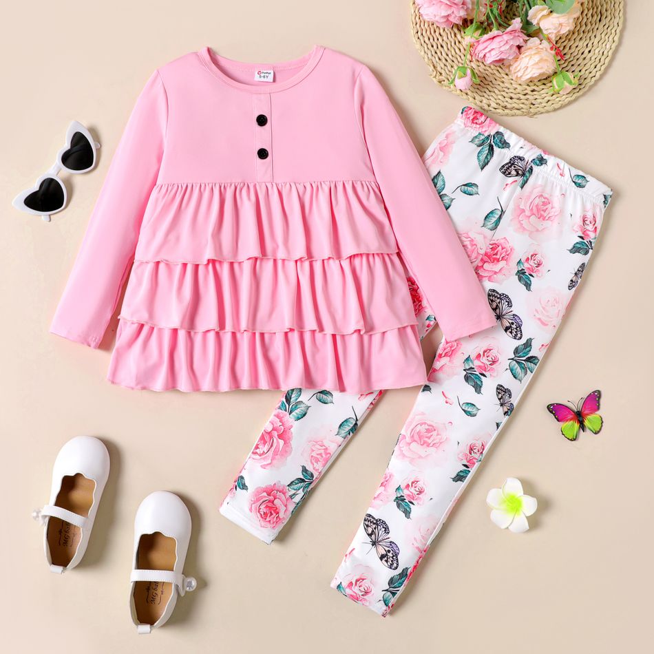2pcs Kid Girl Button Design Ruffle Layered Tee and Floral Print Leggings Set Pink big image 1