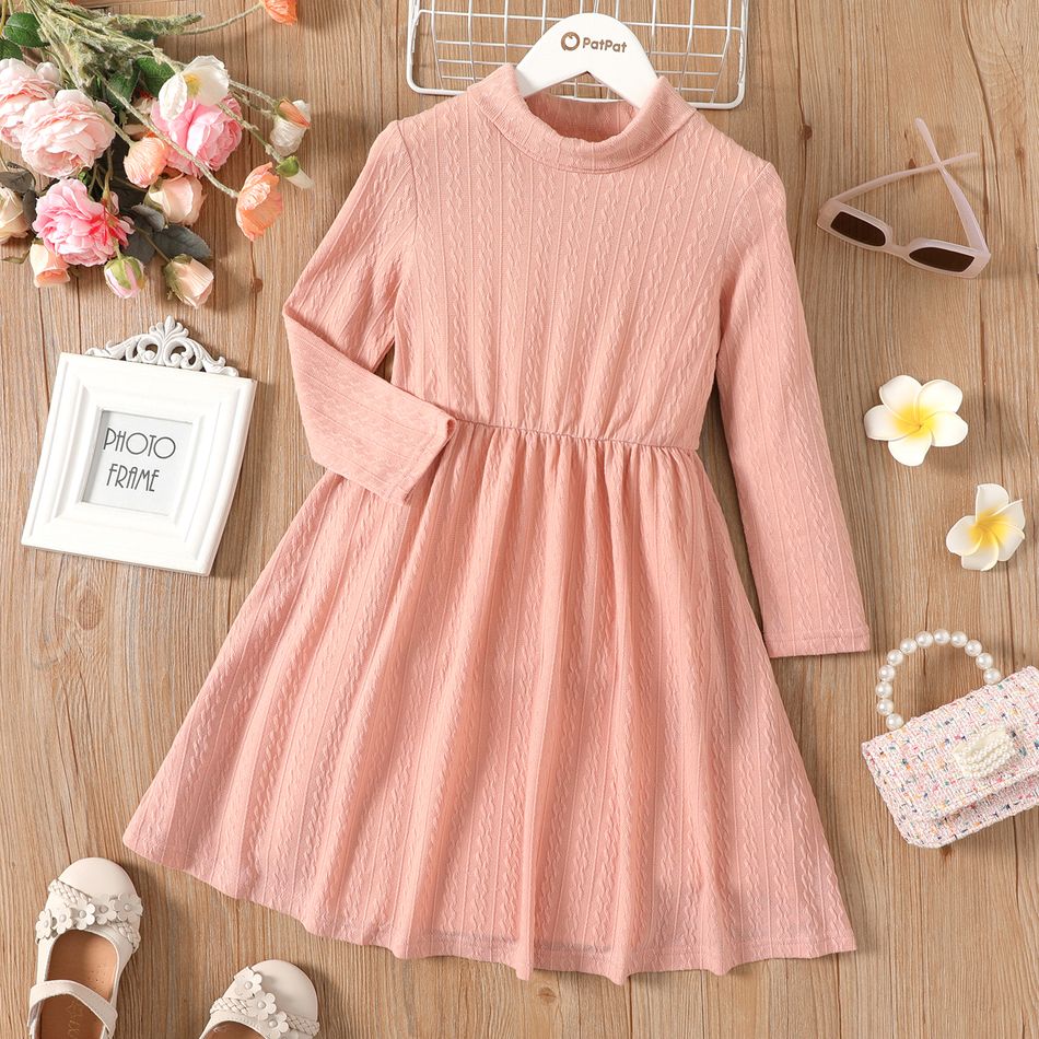 Kid Girl Turtleneck Solid Color Textured Long-sleeve Dress Pink
