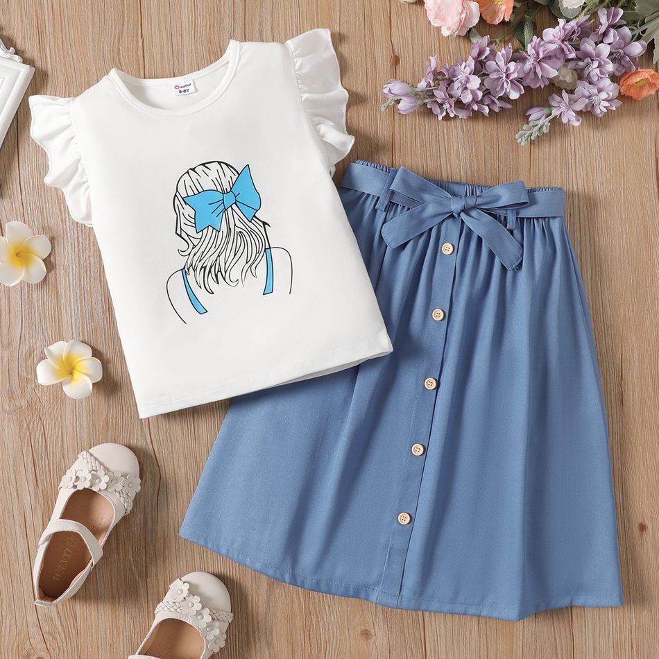 2pcs Kid Girl Figure Print Flutter-sleeve Tee and Belted Denim Skirt Set Blue