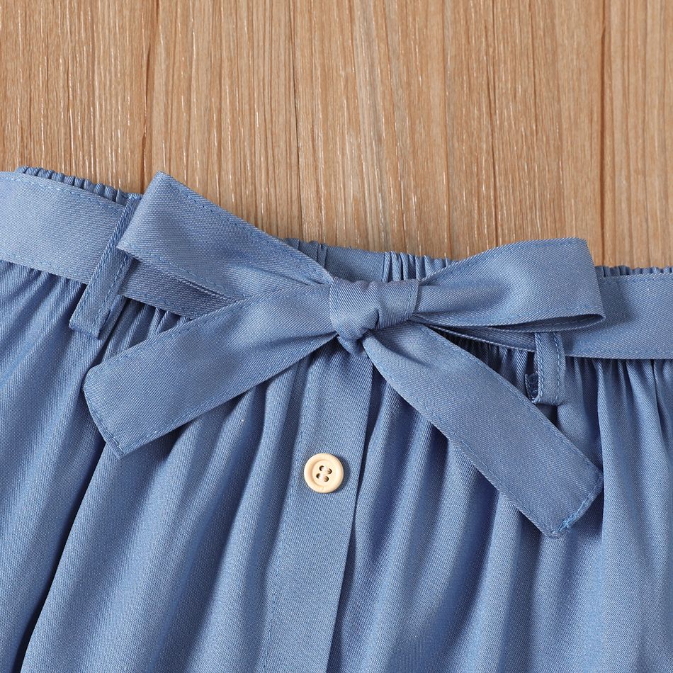 2pcs Kid Girl Figure Print Flutter-sleeve Tee and Belted Denim Skirt Set Blue big image 4