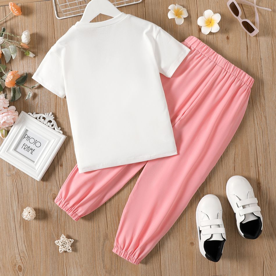 2pcs Kid Girl Figure Print Short-sleeve Tee and Pocket Design Cargo Pants Set Pink big image 5