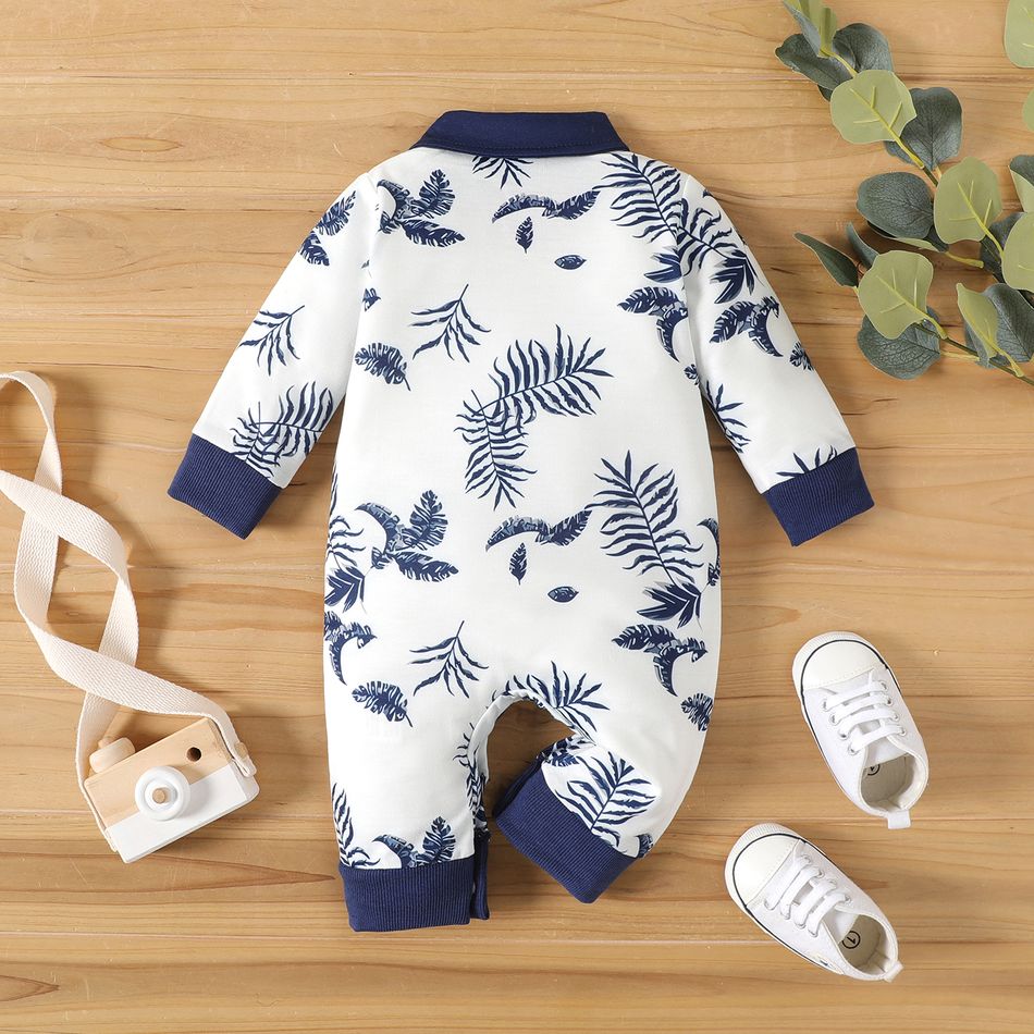 Baby Boy Allover Plant Print Polo Neck Long-sleeve Jumpsuit Blue big image 2