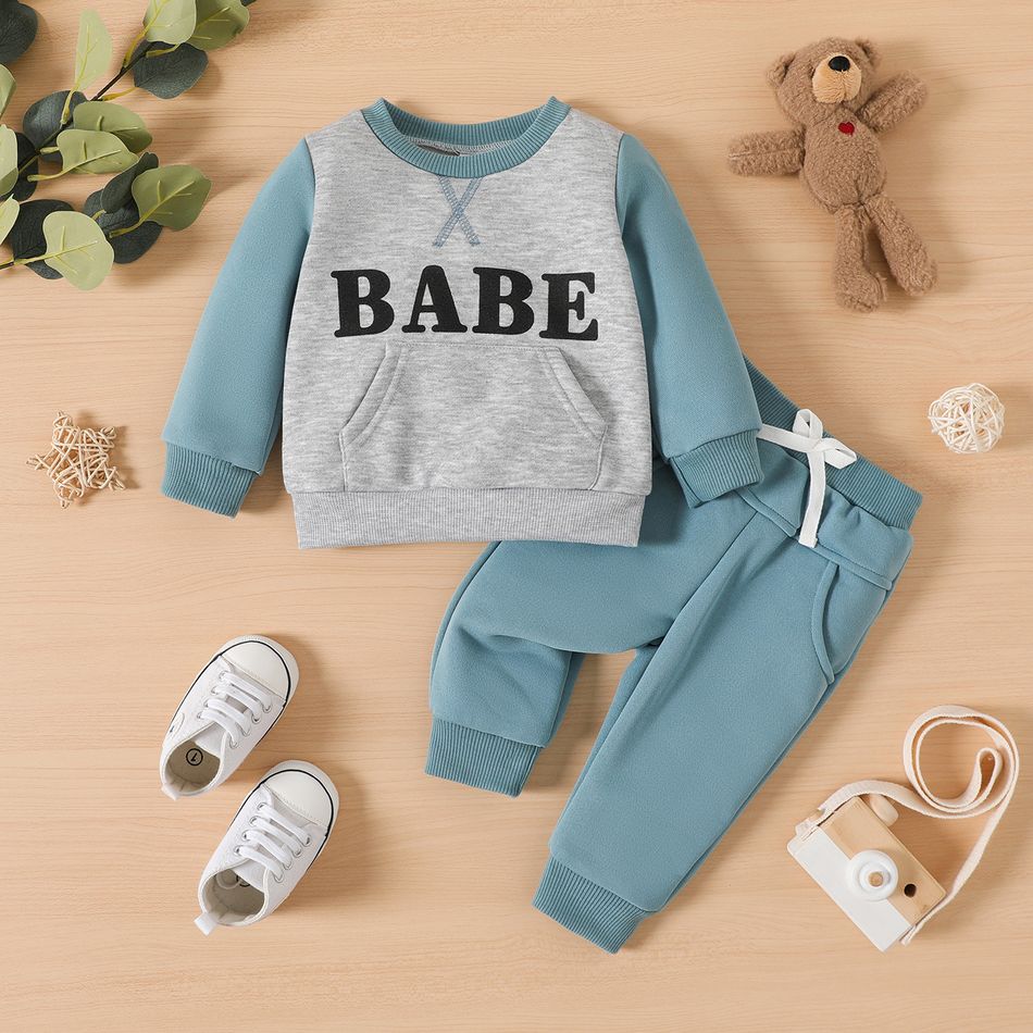 2pcs Baby Boy Letter Print Colorblock Long-sleeve Sweatshirt and Solid Sweatpants Set BLUEWHITE big image 1