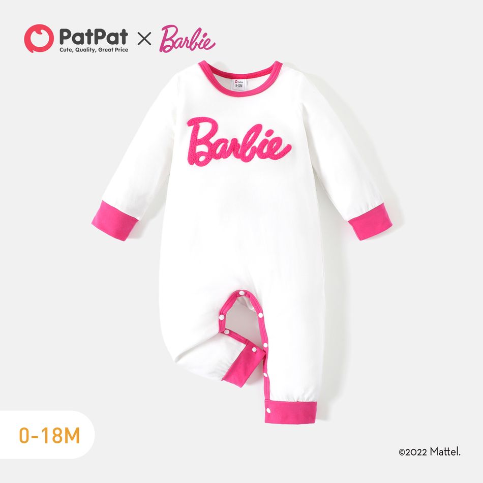 Barbie Baby Girl Letter Embroidered Long-sleeve Jumpsuit White